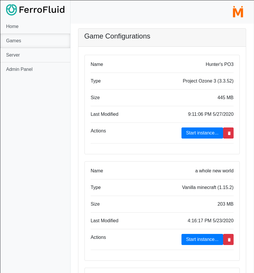 A screenshot of the FerroFluid console.